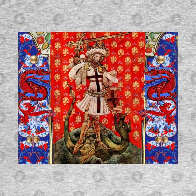 St. George and Dragon Medieval Miniature ,Red Blue White Floral Motifs by BulganLumini